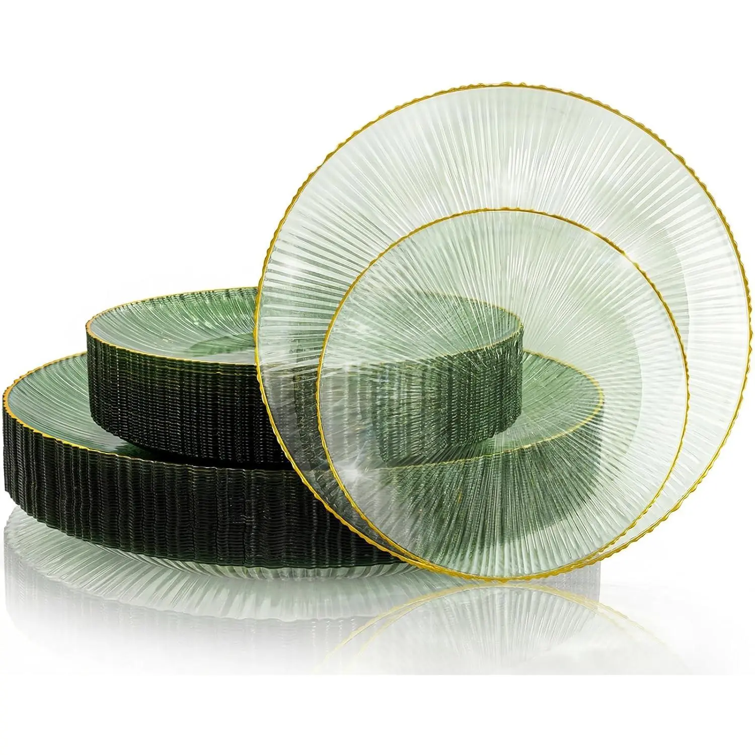 DaYammi 60Pcs Sage Green Plastic Plates with Gold Rim,Disposable Plates Set Includes 30 Dinner Plate & 30 Salad Plate,Fancy Green Party Plates with Radial
