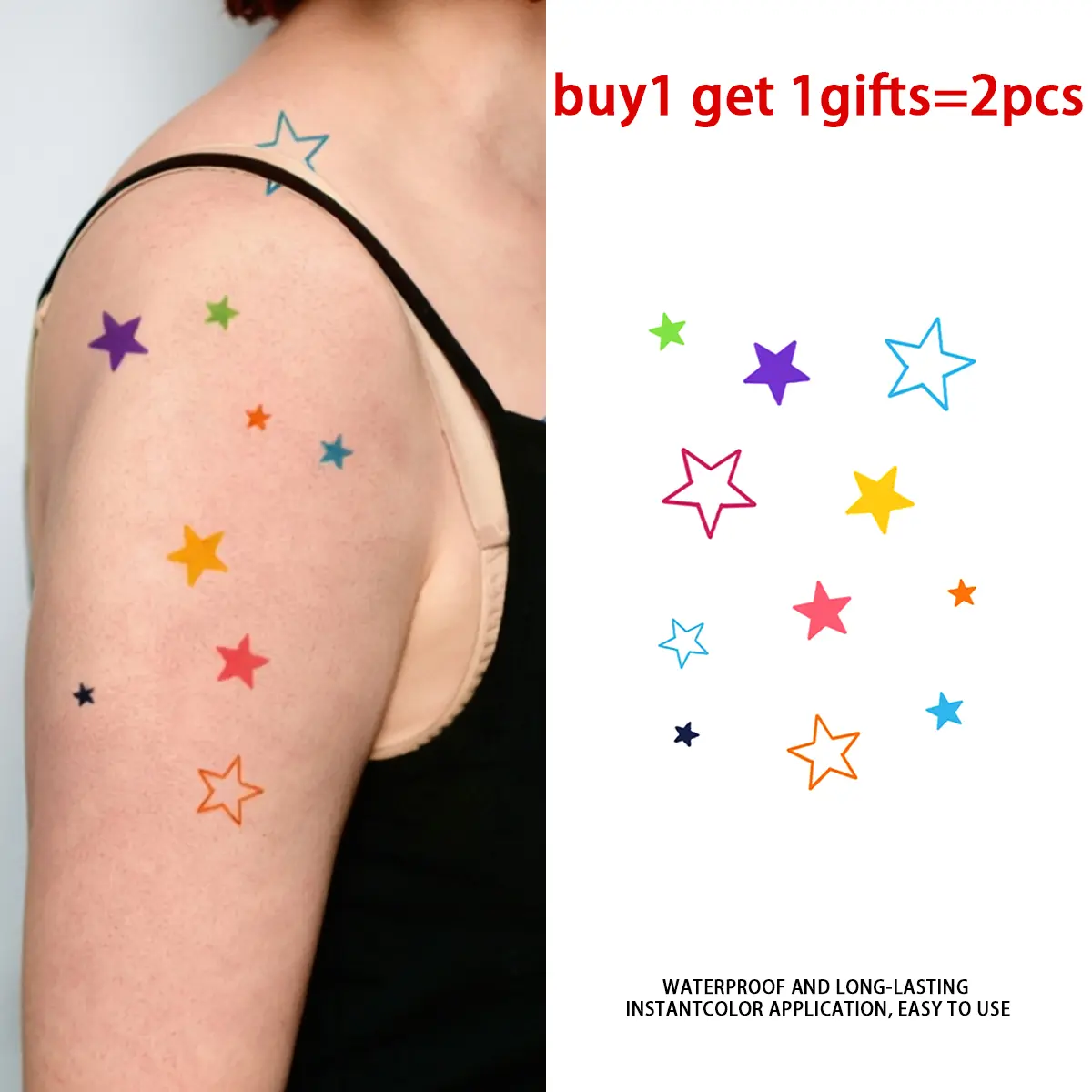 Tech Colorful Star Series Outline Temporary Tattoo Stickers - 2 Sheets Semi-Permanent Waterproof Cute Fake Tattoos, Suitable for Men Women, All Skin Types Ideal for Swimming, Party, Beach