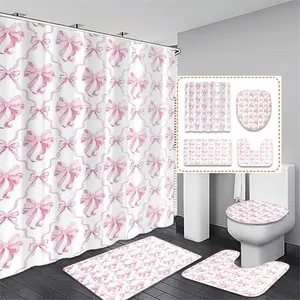 Sweet Girl Style Bowknot Shower Curtain Set, Background with Wave Lines, Includes 12 Plastic Hooks, Bathroom Decor Gift, Shower Essentials