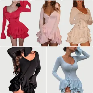 2025 European and American Style Dress with Bell Sleeves, Waist-Cinching, U-Neck, Sexy Hot Girl Button Multi-Color Dress