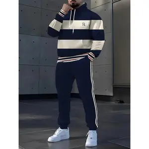 2026 New Men��s Hoodie & Sweatpants Set �C Color Block Patchwork Print, 3-Season Casual Wear (Spring, Autumn, Winter), Machine Washable, Durable Fabric, Pullover Long Sleeve Hoodie, Active Casual StyleGift