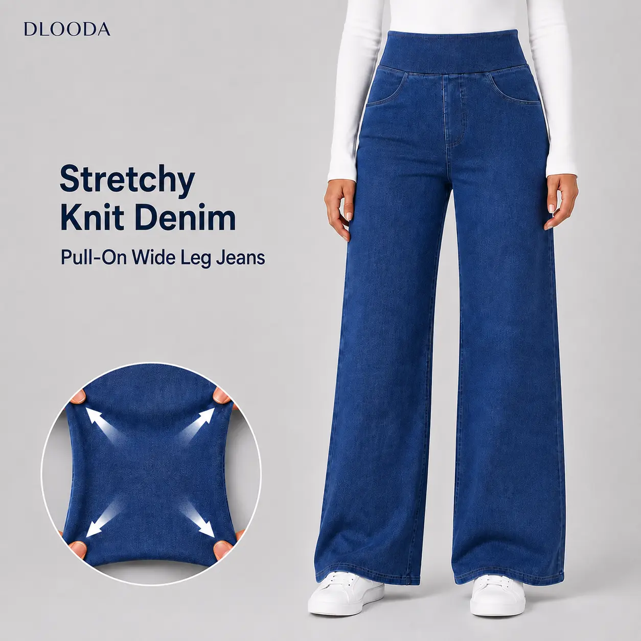 DLOODA Women's High-Waisted Ultra Baggy Jeans - Stretchy Pull-On Basic Trouser, Loose Elastic Waist Denim Bottom, Casual Women's Clothes Medium Blue jeans for women