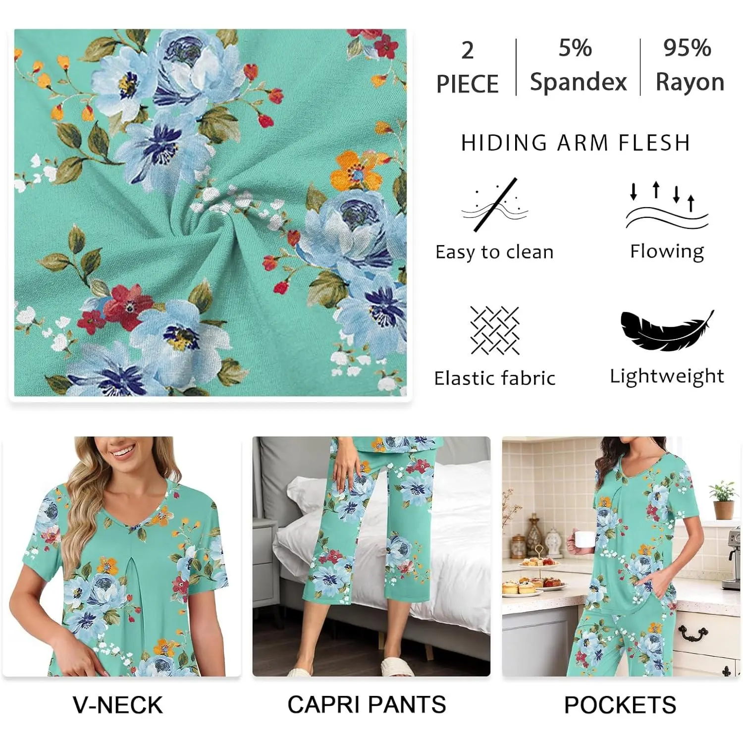 Women's Summer Capri Pajama Set - Short Sleeve Shirt and Pajama Pants 2 Piece Ladies Pjs Sets Comfortable Breathable Cotton Sleepwear Loungewear for Nightwear Home Wear Casual Soft Fabric Women's Summer Capri Pajama Set - Short Sleeve Shirt and Pajama Pants 2 Piece Ladies Pjs Sets Comfortable Breathable Cotton Sleepwear Loungewear for Nightwear Home Wear Casual Soft Fabric