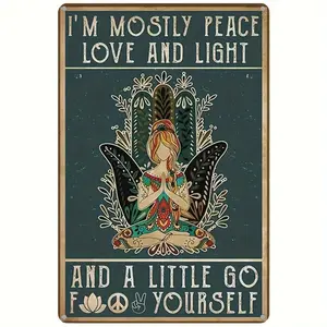 Vintage Cast Aluminium Hippie Yoga Lady Wall Plaque Sign - "I'm Mostly Peace Love Light" Home Decor, 20x30cm/8x12x1in, Water-proof, Lightweight, Durable Bar Decoration (Home Supplies, Plaques & Signs)