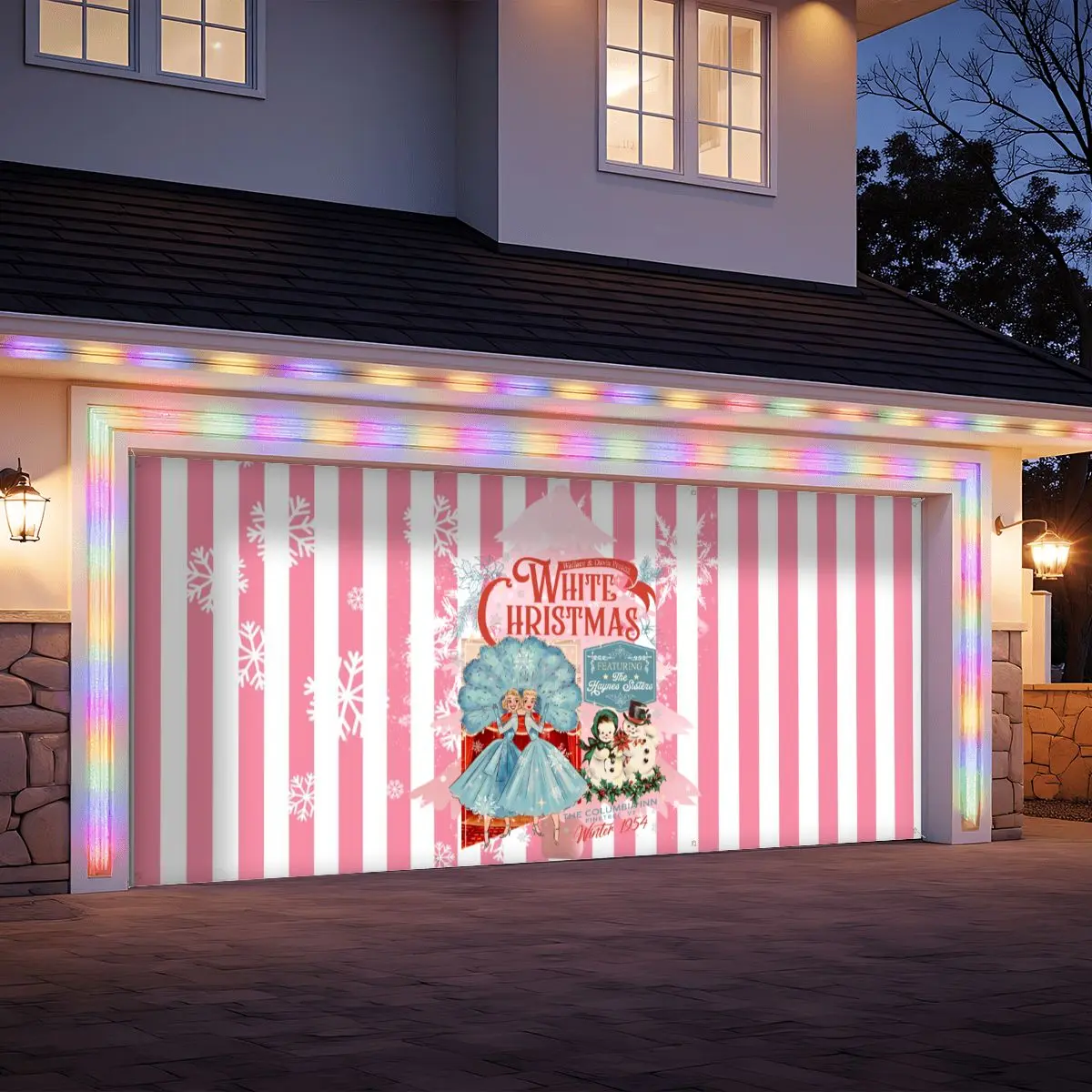 Wallace and Davis Kitschy Christmas Pink White Striped Garage Door Banner Backdrop