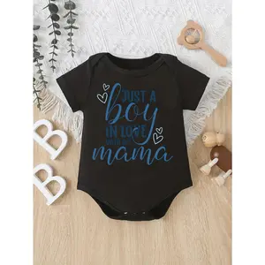 Cute Baby Bodysuit With Just A Boy In Love With His Mama Print Soft Versatile Round Neck Button Detail Regular Fit All Seasons Knitted Fabric Onesie