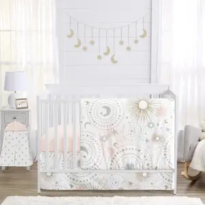 Sweet Jojo Designs 4-Piece Baby Crib Bedding Set (Star and Moon) for Girls, Infants/Nursery incl. Blanket, Fitted Sheet, Skirt, Diaper Stacker (Shabby Chic, Stars, Celestial, Sky, Blush Pink, Gold)