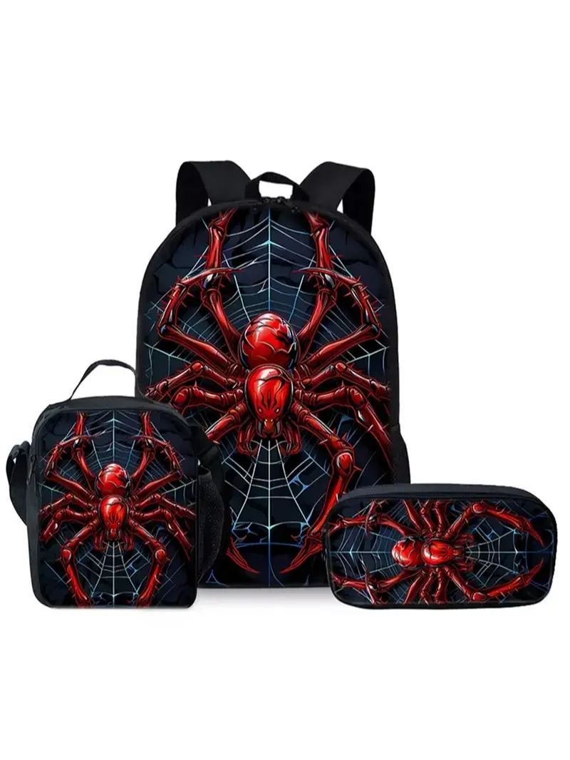 17-in Red Spider Pattern Printed 3-Piece Set - Single-Layer Backpack, Shoulder Strap Lunch Bag, Single-Layer Pencil Bag