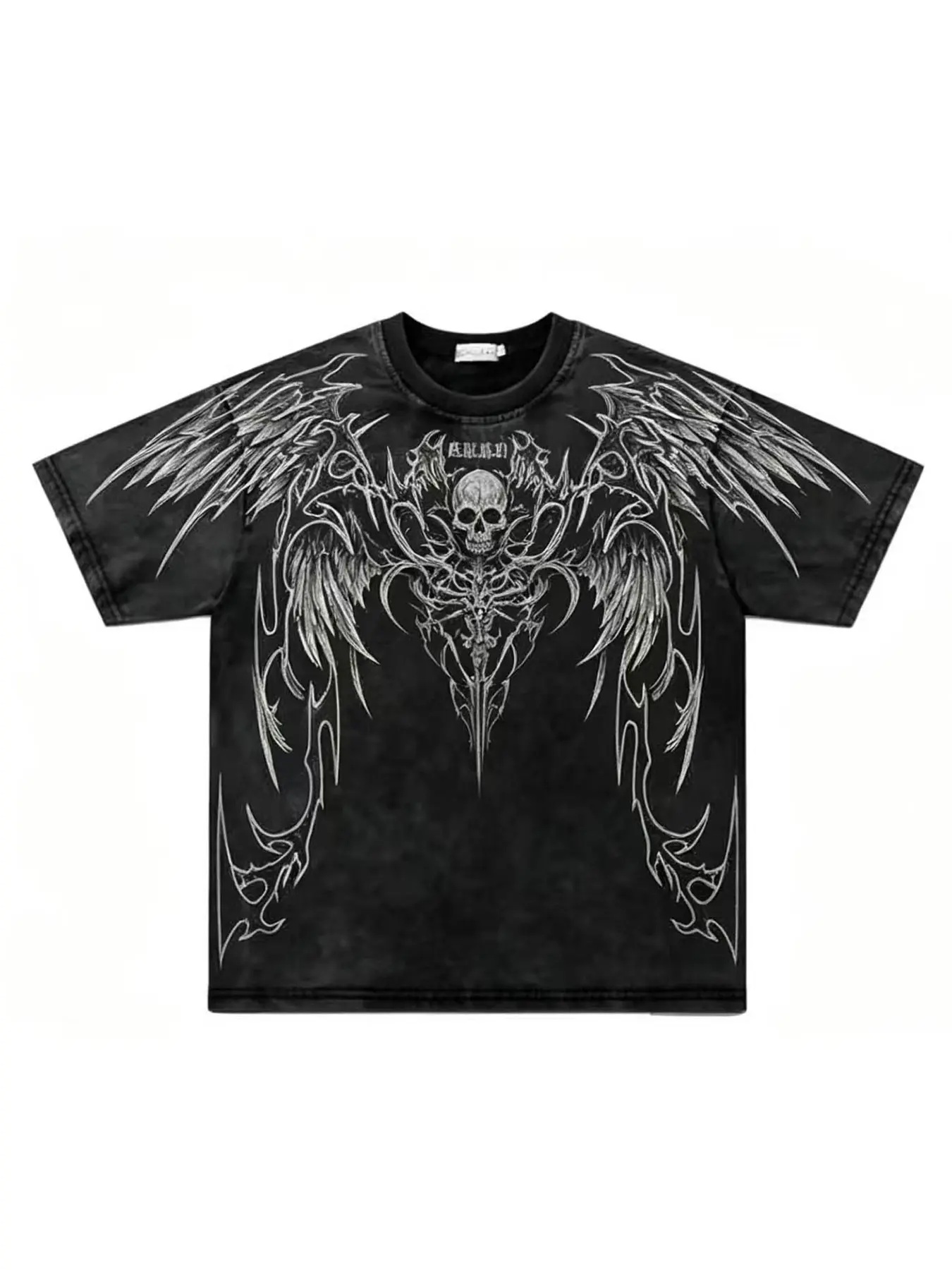 American Vintage Gothic Style Heavy Wash Tie-Dye Thorn and Skull Wings Double-Sided Graphic Print Oversized Loose Round Neck T-Shirt, Men's Summer Fashion Streetwear Casual Short Sleeve Top, Menswear