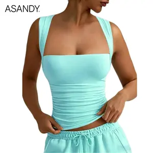 ASANDY Women's Square Neck Sleeveless Ruched Tank Top – Buttery Soft Stretchy Slim Fit Crop Top, Casual Y2K Fashion Top for Going Out, Summer Everyday Essential