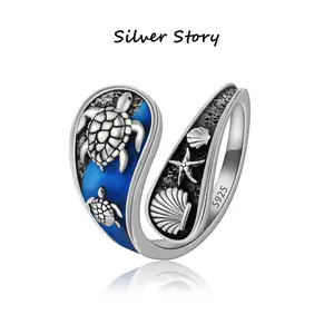 925 Sterling Silver Sea Turtle Ring for Women,  Open Band with Seashell & Starfish Design, Ocean Beach Jewelry Adjustable Finger Ring,  Coastal Bohemian Accessory for Summer Vacation, Gift for Turtle Lovers, Nautical Themed Party, Birthday & Anniversary
