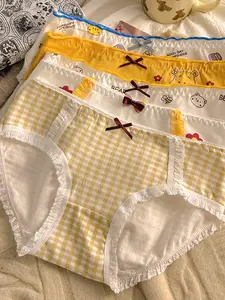 2026 New 5-Pack Women's Mid-Waist Panties, Cute Bow Design Comfortable Breathable Student Plaid Triangle Underwear