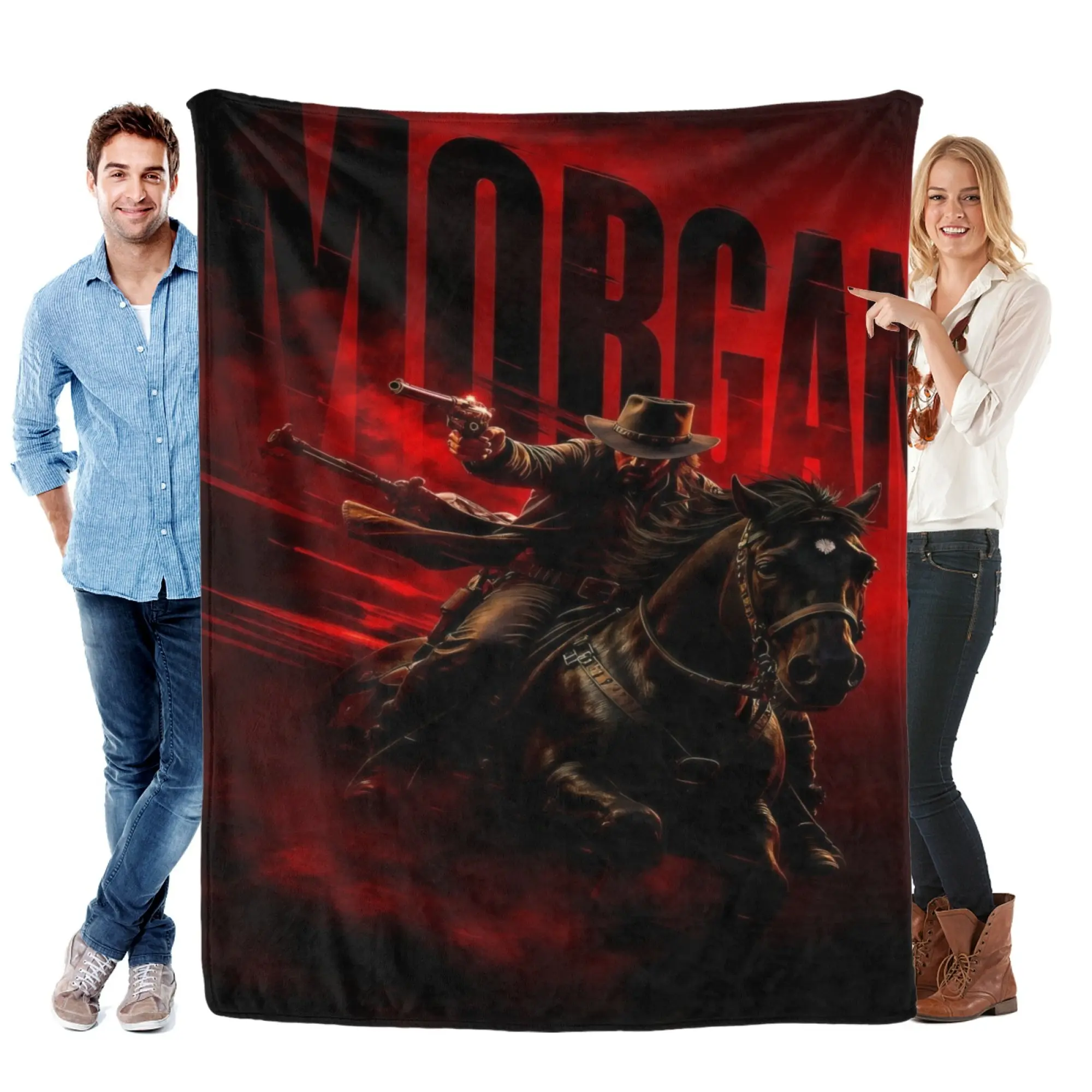 Dark Western Cowboy Flannel Throw Blanket – Red Black Outlaw Rider Graphic Design, Wild West Horseman Art, Soft Cozy Blanket for Couch Bed, Rustic Room Decor, Movie Night & Unique Gift