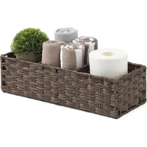 [Larger Compartments] Toilet Tank Topper Paper Basket - Multiuse Hand Woven Plastic Wicker Basket with Divider for Organizing, Rustic Farmhouse Bathroom Decor, Countertop Organizer Storage, Brown
