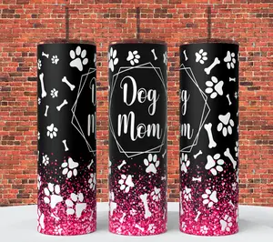 Dog Mom 20 Oz Tumbler - Portable Water Bottle with Lid, Pink & Black Design, Insulated, Suitable for Coffee and Drinkware