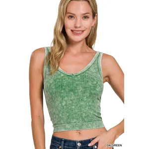 Zenana Washed Ribbed Seamless Cropped V-neck Tank Top