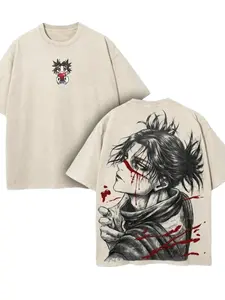 Y2K Retro Washed Apricot Print T-Shirt - Short-sleeved anime character blood theme, suitable for all seasons, machine washable, street style & versatile anime T-shirt, washed cotton men's T-shirt, gift for comic book lovers, avant-garde casual wear.