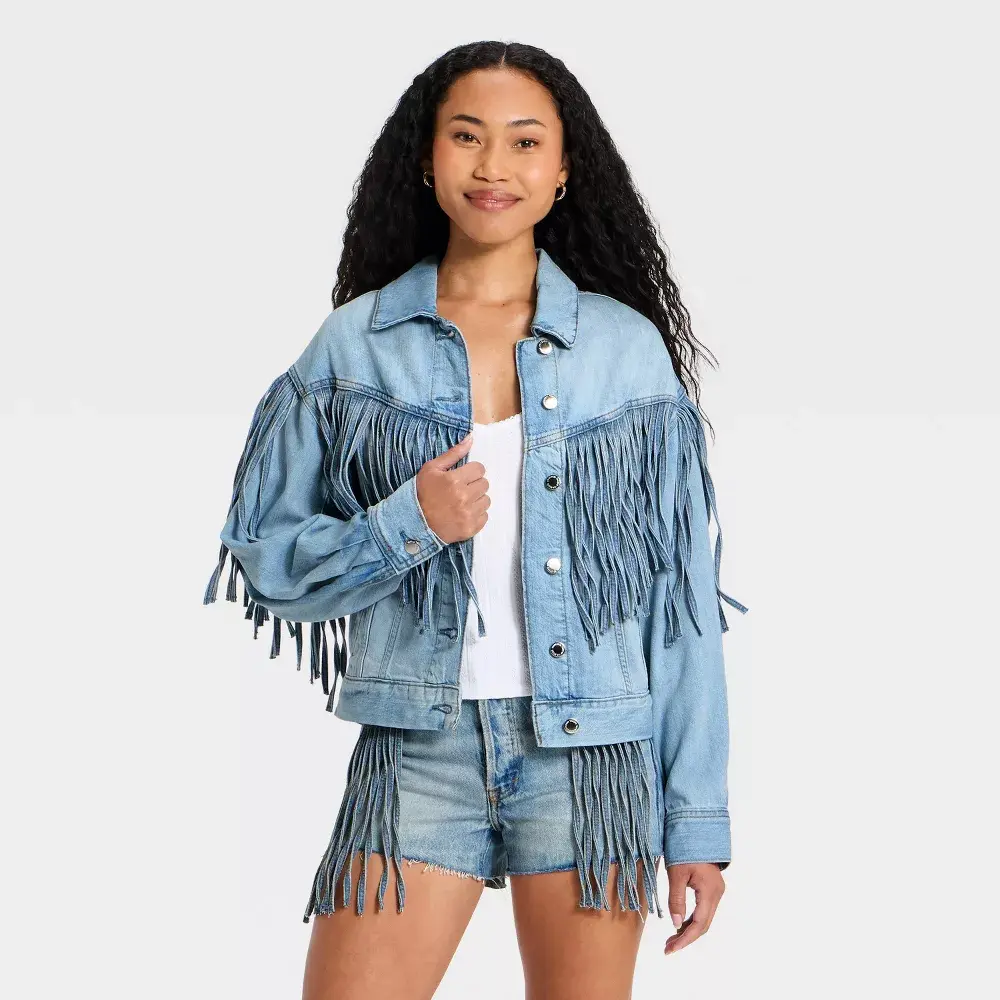 Women's Fringe Denim Jacket - Streetwear Outerwear, Casual Outerwear, Yoke Design, Side Pockets, Tunic Length Flow Style