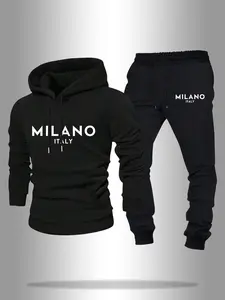 Men's Plush Lined MILANO Letter Print Kangaroo Pocket Hoodie & Drawstring Waist Sweatpants Two-Piece Set, Regular Fit Casual Comfy Thermal Warm Long Sleeve Drawstring Hooded Sweatshirt & Pocket Jogger Pants for Fall & Winter