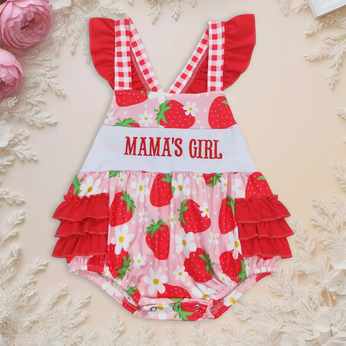 Newborn Girl's Bodysuit, Red Strawberry Print Bubble Romper with Puff Sleeves, Soft Breathable Fabric with Bow Detail, Snap, Elastane, Fitted, 2T, 0-3M, Soft Cotton