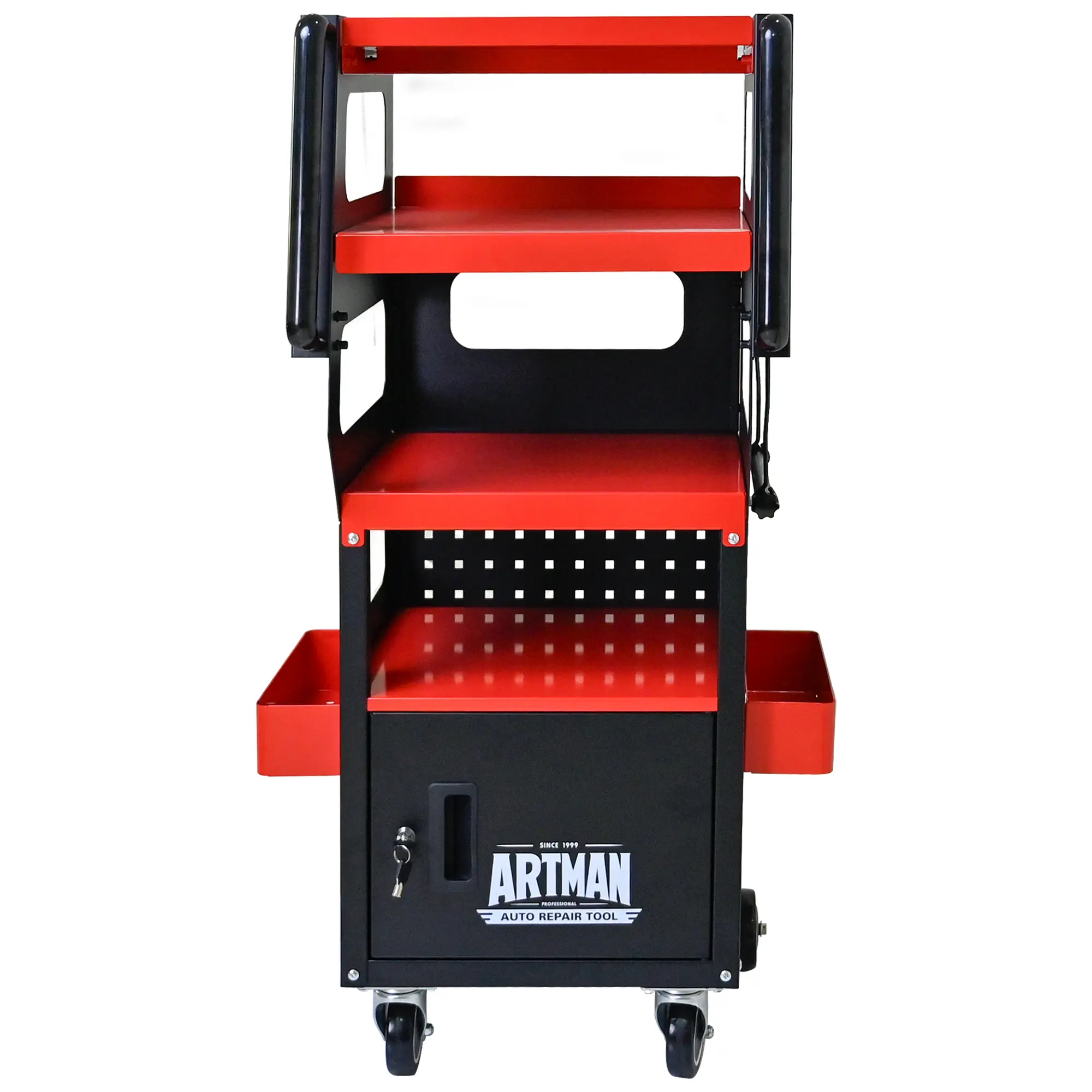 ARTMAN 4-Tier Heavy-Duty Steel Frame Rolling Tool & Diagnostic Equipment Cart - Red, Lockable Drawers, Pegboard, 360° Rotatable Lockable Casters, Mechanic Storage Organizer for Garage, Auto Shop