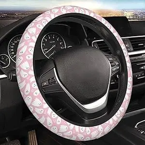 Halloween Pink ghost Steering Wheel Cover Horror Movie Car Accessories for Men Women + 2 Car Air Freshener, 15 Inch Universal Fit