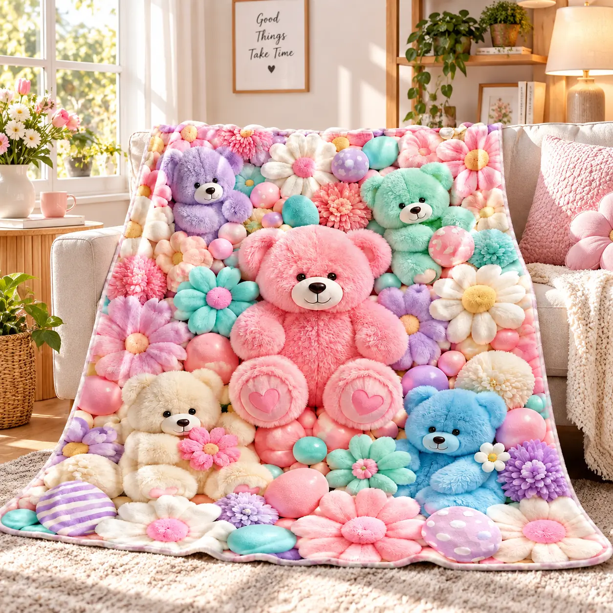 Teddy Bear Flannel Fleece Throw Blanket, Cute Pastel Floral Bear Print Soft Cozy Blanket, Kawaii Home Decor for Girls Kids Teens Women, Couch Sofa Bed Bedroom Throw, Birthday Christmas Gift sweet must-have