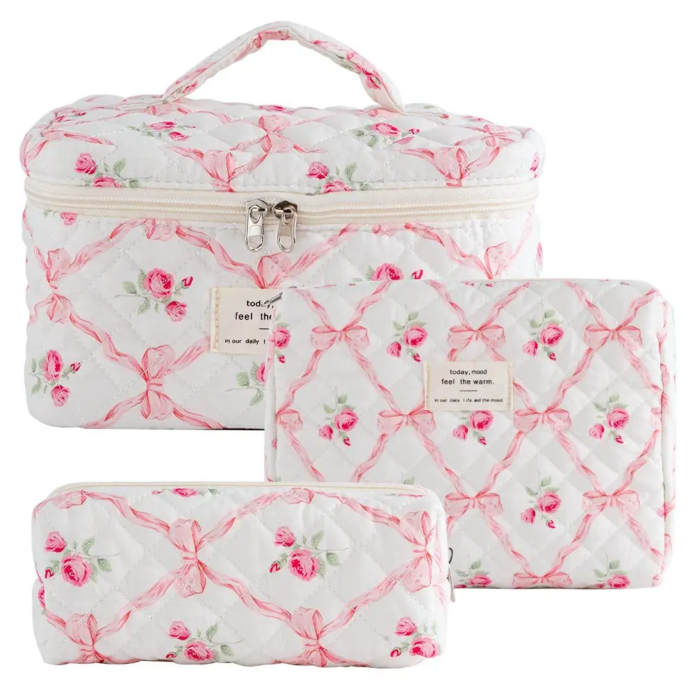 Quilted Makeup Bag Set, Travel Cosmetic Bags, Portable Zipper Makeup Organizer Pouch for Skincare, Foundation, Makeup Tools, Travel Essentials, Ideal