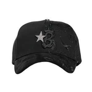 B-Star Graffiti Snapback Hat – Black Streetwear Cap with Rhinestone Star, Embroidered Snake Detail, Adjustable Urban Baseball Hat for Men & Women