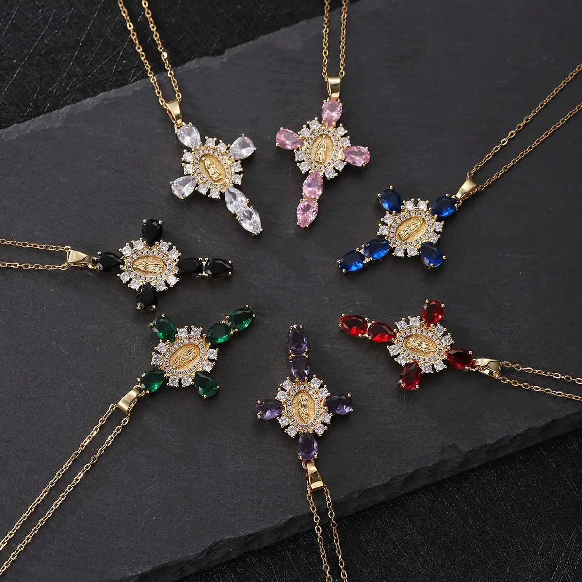 Women's Virgin Mary Crucifix Necklace - Micro-Set Cubic Zirconia Gemstones, Tear Ring Oval Design, Bling Cross Emblem, Fading Resistant Spiritual Jewelry, Daily Wear Casual Accessory, Ideal for Church Services, Crucifix Necklaces