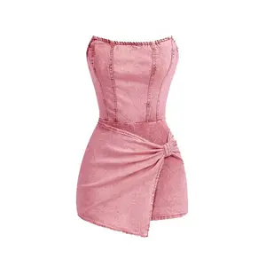 Women's Pink Denim Romper Skort - Sexy Strapless Tube Top Acid Wash Jean Jumpsuit, Y2K Style Knot Front Bodycon Skort Playsuit for Summer Parties