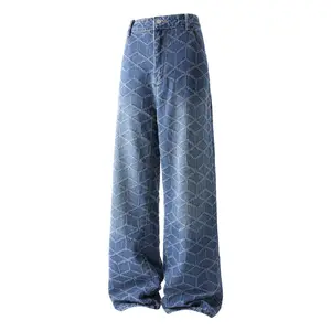Men's Jacquard Denim Wide Leg Pants, Geometric Pattern Fashion Trousers, Premium cotton denim, soft, breathable, and skin-friendly for all-day comfort,Ideal for streetwear gatherings, music festivals, weekend outings, and Y2K-themed events