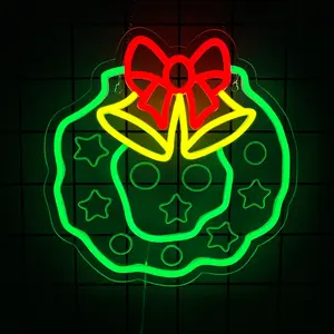 Christmas Wreath Neon Lights Christmas LED Decorations Holiday Party Home Bar Celebration Wall Decor USB-Powered Christmas Bell Neon Lights