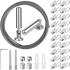 OOTSR Wall Mount Art Projects Display Curtain Rod Set (5 Meters) with 20 Clips - Stainless Steel Photo Hanging Clothesline Window Curtain Tension Wire Multi-Purpose Crafts Organizer