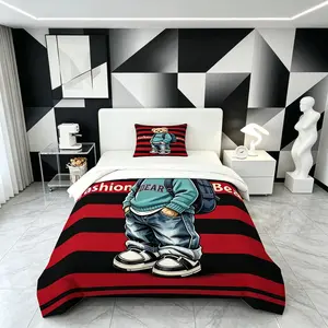 2/3‑Piece Teddy Bear Duvet Cover Set, Retro Red‑Black Striped Style, Single‑Sided Digital Print Bedding, No Inserts Included, Suitable for Bedroom, Dorm & Home Decor, Ideal Gift for Streetwear and Teddy Bear Lovers