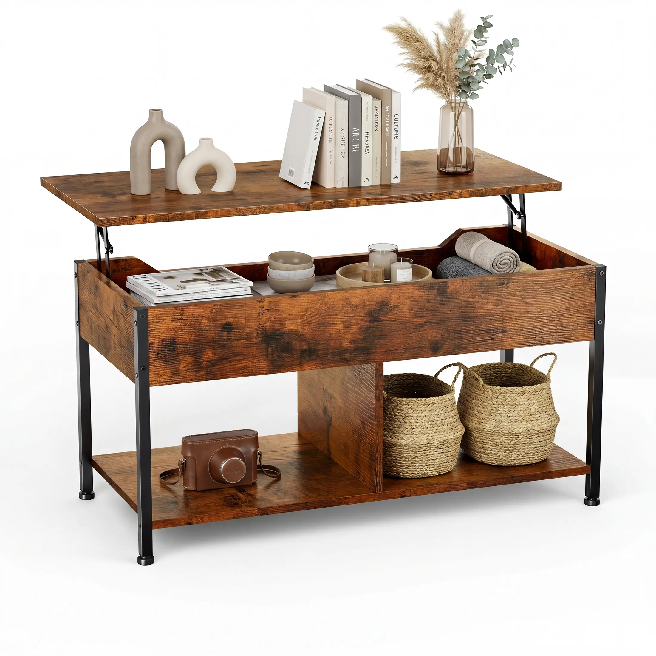 Sweetcrispy Lift-Top Coffee Table, Adjustable-Height Convertible Center Table with Storage, Rustic Brown for Living Room Use, Coffee Tables