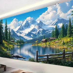 2D Flat Banner Polyester Photography Backdrop, HD Digitally Printed Soft Lightweight Foldable Background Cloth featuring a serene mountain lake landscape with lush forests and snow-capped peaks, ideal for Party Events, Video Studi