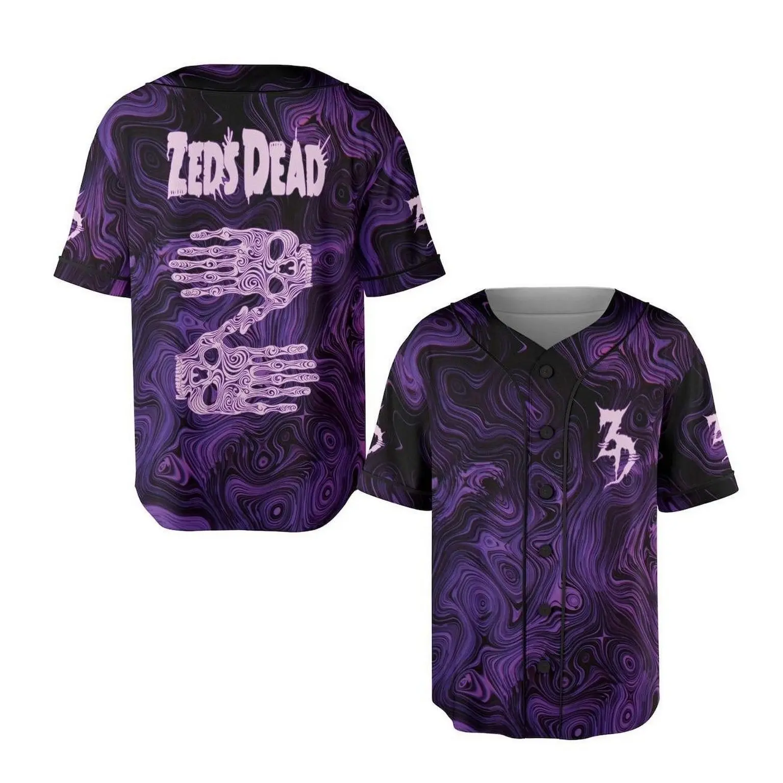 Zeds Dead Inspired Baseball Jersey, Purple Skeleton Hands Graphic Shirt, Rave Festival Outfit, Electronic Music Fan Button Up Jersey, Streetwear Short Sleeve Top, EDM Party Apparel Gift