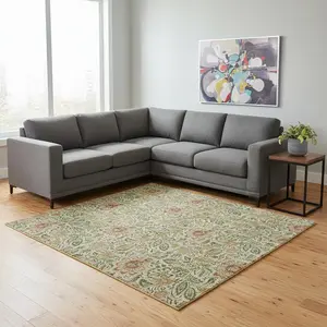 HomeRoots 654970 10 x 14 ft. Artichoke Green & Rust Floral Washable Machine Made Rectangle Area Rug with UV Protection