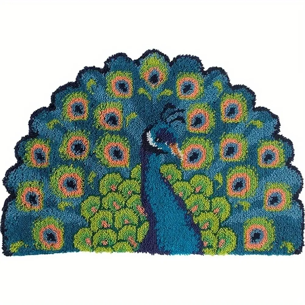 Adult Colorful Latch Hook Craft Kit for Beginners, Pre-Printed Mesh Peacock Pattern, DIY Handmade Knotted Carpet-Mat-Cushion Tapestry, Christmas Decoration Crafting Gift, 20.47in×14.96in/52cm×38cm