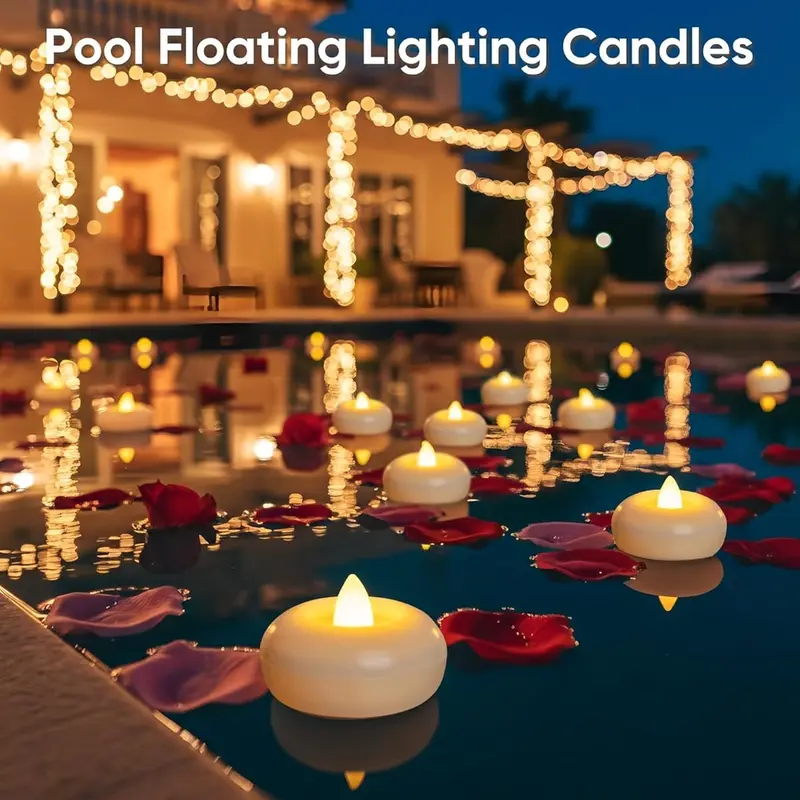 12-Pack 2-Inch Plastic Floating Dry Battery-Powered Tea Lights, Energy Saving Flickering Water-Resistant Candles (100+ Hours, Batteries Required, Easy Cleanup) for Holiday Home Decor Items, Christmas Essentials