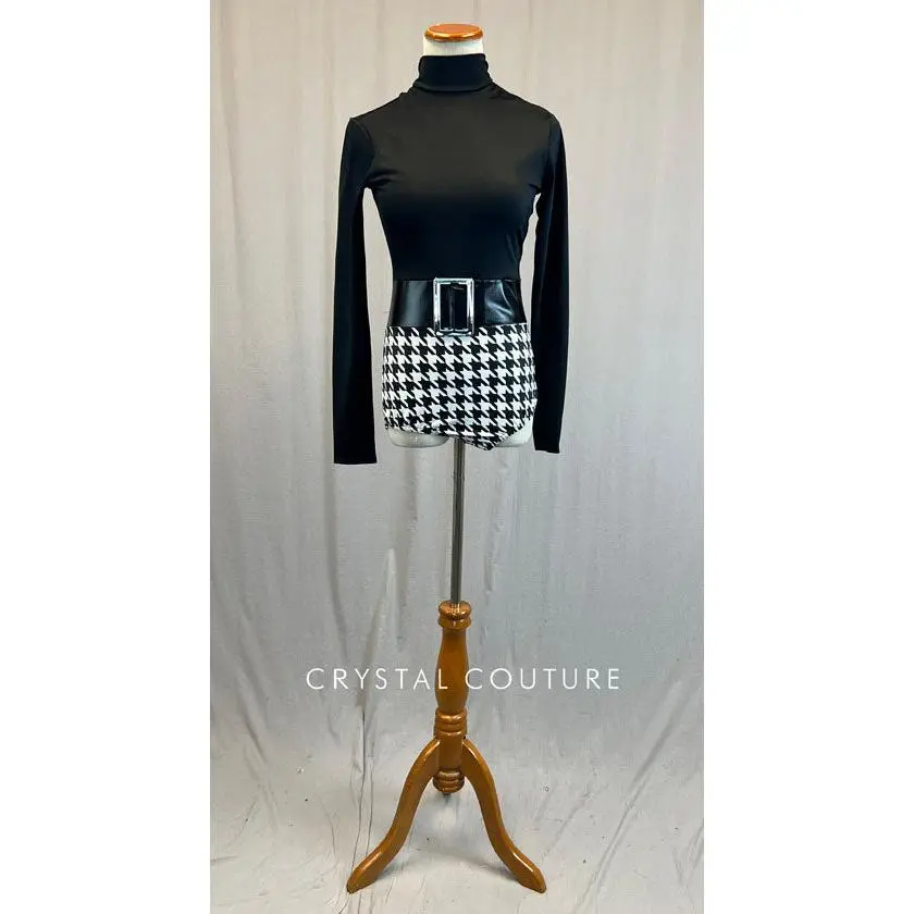 Black Mock Neck Leotard with Houndstooth Trunks and Pleather Belt