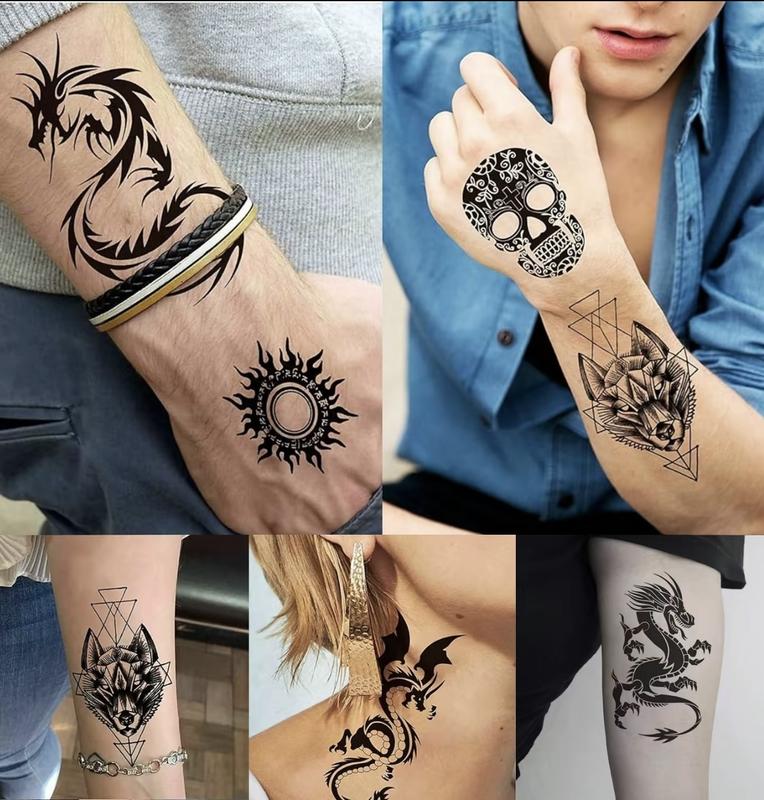76 Sheets Large-Size Black TemporaryTattoos Stickers,Forearm DesignsFeaturing Tribal Wolf, Tiger, Lion, Owl,Skeleton Skull, Temp Halloween FakeTattoo Stickers, Rose, and Animals Sensitive