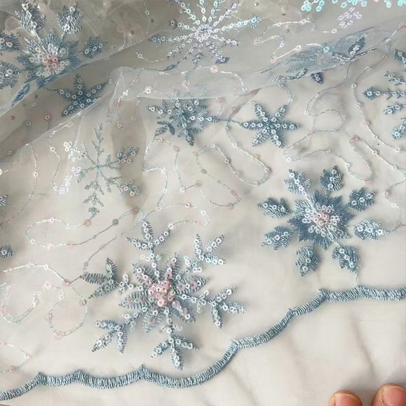 Blue Snowflake Sequin-Embroidered Polyester Sheer Mesh Fabric - Sheer Tulle Cloth for DIY Crafts, Wedding Dress Decoration, Modern