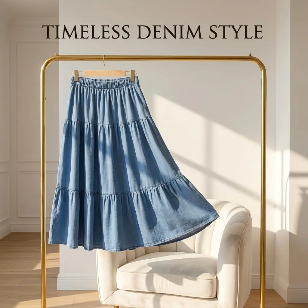 Women's Beau Blue Casual Elastic-Waist Ruffled Frill Floor-Length Sheer Flared Denim Maxi Bottom Skirt, Floor-Length Skirts, Frill Skirts