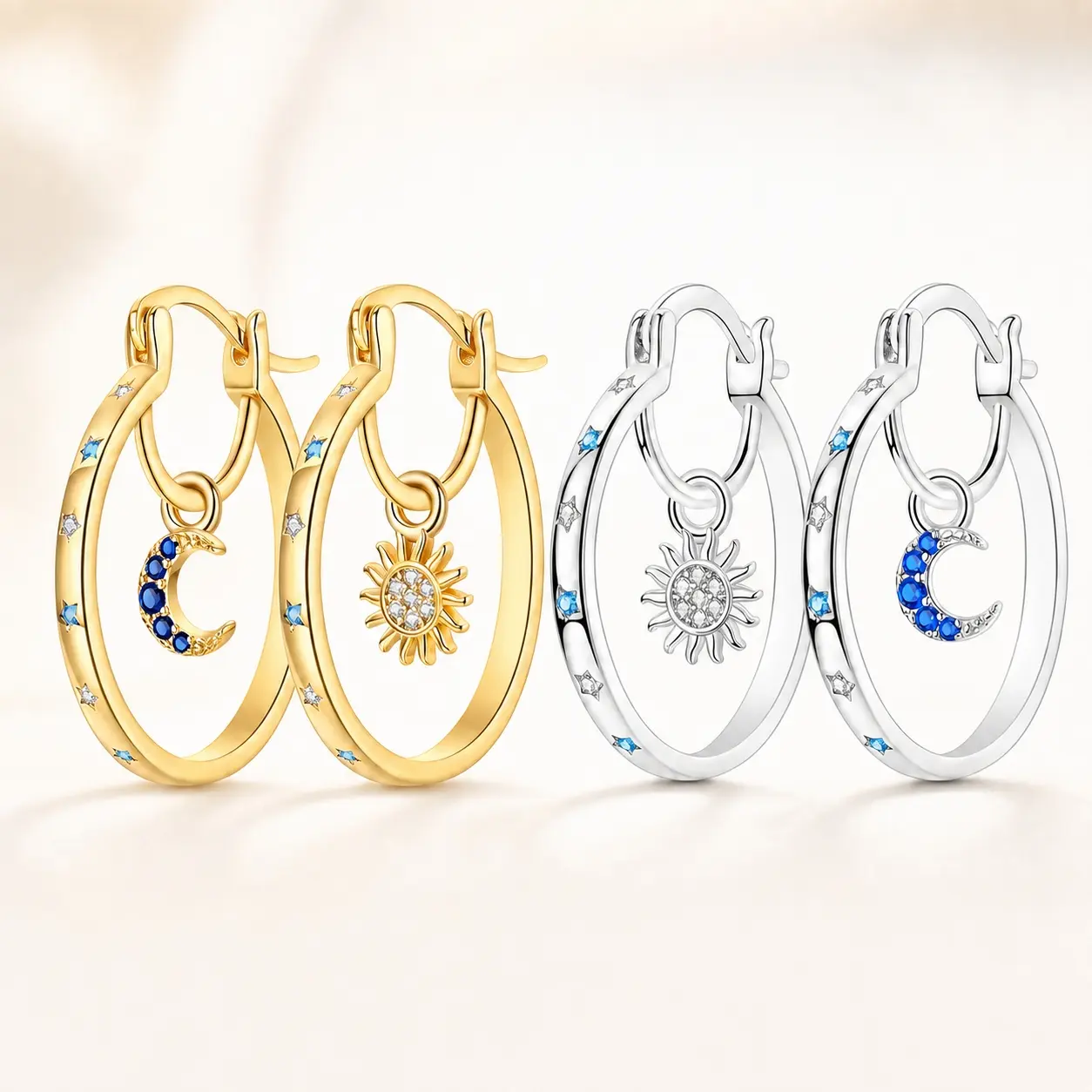 Gold/Silver Sun and Moon Hoop Earrings for Women, Blue Cubic Zirconia Celestial Dangle Earrings, Birthday, Anniversary and Valentine’s Day Gift for Her