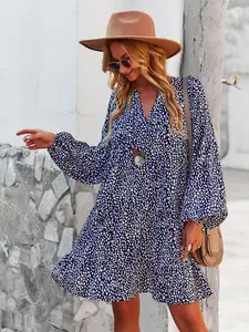Women's All Over Print Woven Lantern Sleeve Smock Dress, Boho Notched Neck Ruffle Hem Short Dress for Beach Holiday Vacation, Ladies Casual Wear, Clothes for All Seasons