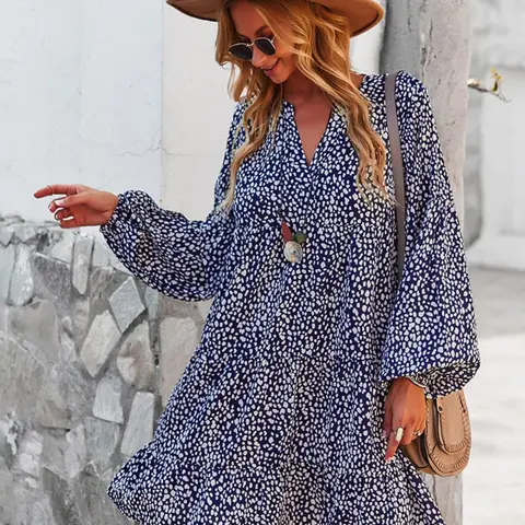 Women's All Over Print Woven Lantern Sleeve Long Sleeves Smock Dress, Bohemian Notched Neck Ruffle Hem Short Dress, Boho Style Romantic Sundresses for Beach Holiday Vacation, Ladies Casual Wear, Clothes for All Seasons