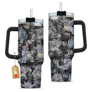 STORMMECH- Rhydon 40oz Handle Tumbler – PKM Stainless Steel Travel Mug, Anime Inspired Vacuum Insulated Cup, Large Iced Coffee Tumbler, Manga Fighter Drinkware, Otaku Gift for Him Her