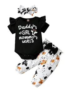 Baby Girl Short Sleeve Long Pants Set with Letter Print, Cow Print, Mommy World Design, Includes Headband, Perfect Gift for Infants, Summer Gift Set, Baby Clothing